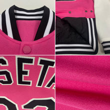 Laden Sie das Bild in den Galerie-Viewer, Custom Pink Black-White Bomber Full-Snap Varsity Letterman Two Tone Jacket
