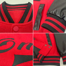 Laden Sie das Bild in den Galerie-Viewer, Custom Red Black Bomber Full-Snap Varsity Letterman Two Tone Jacket
