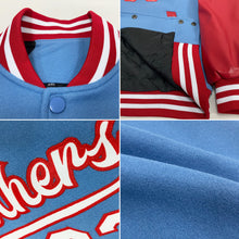 Laden Sie das Bild in den Galerie-Viewer, Custom Light Blue White-Red Bomber Full-Snap Varsity Letterman Two Tone Jacket
