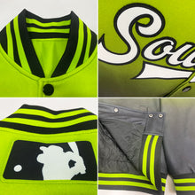 Laden Sie das Bild in den Galerie-Viewer, Custom Neon Green White-Black Bomber Full-Snap Varsity Letterman Fade Fashion Jacket
