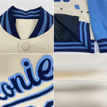 Laden Sie das Bild in den Galerie-Viewer, Custom Cream Navy-Light Blue Bomber Full-Snap Varsity Letterman Two Tone Jacket
