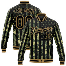 Laden Sie das Bild in den Galerie-Viewer, Custom Camo Black-Old Gold American Flag Fashion 3D Bomber Full-Snap Varsity Letterman Salute To Service Jacket
