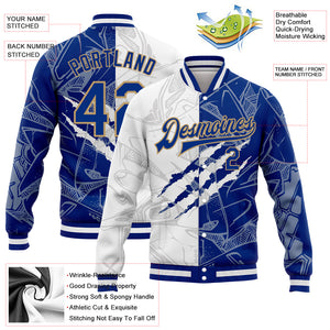 Custom Graffiti Pattern Royal-Old Gold Scratch 3D Bomber Full-Snap Varsity Letterman Jacket