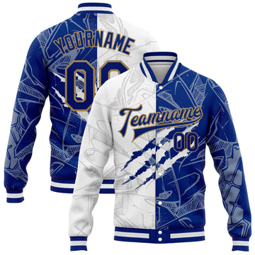 Custom Graffiti Pattern Royal-Old Gold Scratch 3D Bomber Full-Snap Varsity Letterman Jacket