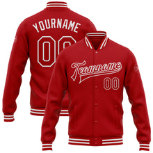 Laden Sie das Bild in den Galerie-Viewer, Custom Red White Bomber Full-Snap Varsity Letterman Jacket
