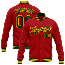 Laden Sie das Bild in den Galerie-Viewer, Custom Red Green-Gold Bomber Full-Snap Varsity Letterman Jacket
