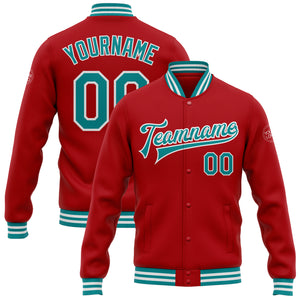 Custom Red Teal-White Bomber Full-Snap Varsity Letterman Jacket