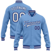 Загрузить изображение в средство просмотра галереи, Custom Light Blue White-Royal Bomber Full-Snap Varsity Letterman Jacket
