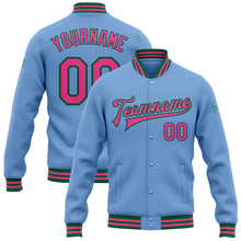 Laden Sie das Bild in den Galerie-Viewer, Custom Light Blue Pink-Kelly Green Bomber Full-Snap Varsity Letterman Jacket
