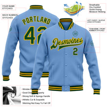 Laden Sie das Bild in den Galerie-Viewer, Custom Light Blue Green-Gold Bomber Full-Snap Varsity Letterman Jacket
