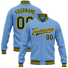 Laden Sie das Bild in den Galerie-Viewer, Custom Light Blue Green-Gold Bomber Full-Snap Varsity Letterman Jacket

