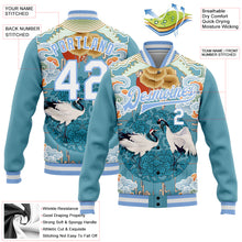 Загрузить изображение в средство просмотра галереи, Custom Light Blue White Heron And Cloud 3D Pattern Design Bomber Full-Snap Varsity Letterman Jacket
