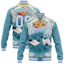 Загрузить изображение в средство просмотра галереи, Custom Light Blue White Heron And Cloud 3D Pattern Design Bomber Full-Snap Varsity Letterman Jacket
