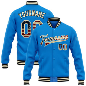 Custom Electric Blue Vintage USA Flag Cream-Black Bomber Full-Snap Varsity Letterman Jacket