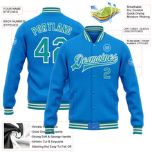 Laden Sie das Bild in den Galerie-Viewer, Custom Powder Blue Teal-White Bomber Full-Snap Varsity Letterman Jacket
