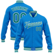 Laden Sie das Bild in den Galerie-Viewer, Custom Powder Blue Teal-White Bomber Full-Snap Varsity Letterman Jacket
