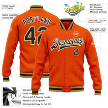 Laden Sie das Bild in den Galerie-Viewer, Custom Orange Black-Old Gold Bomber Full-Snap Varsity Letterman Jacket
