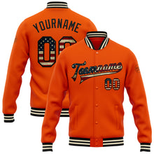 Laden Sie das Bild in den Galerie-Viewer, Custom Orange Vintage USA Flag Black-Cream Bomber Full-Snap Varsity Letterman Jacket
