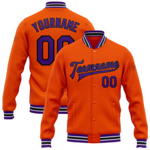 Load image into Gallery viewer, Custom Orange Purple-Black Bomber Full-Snap Varsity Letterman Jacket
