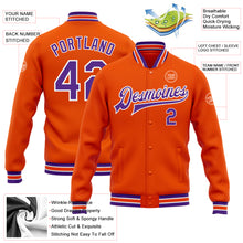 Laden Sie das Bild in den Galerie-Viewer, Custom Orange Purple-White Bomber Full-Snap Varsity Letterman Jacket
