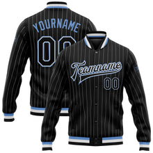 Load image into Gallery viewer, Custom Black White Pinstripe Light Blue Bomber Full-Snap Varsity Letterman Jacket
