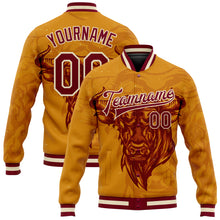 Laden Sie das Bild in den Galerie-Viewer, Custom Gold Maroon-Cream Angry Bull 3D Pattern Design Bomber Full-Snap Varsity Letterman Jacket
