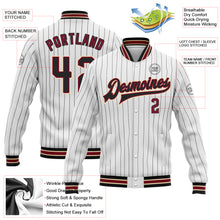 Load image into Gallery viewer, Custom White Black Pinstripe Crimson-City Cream Bomber Full-Snap Varsity Letterman Jacket
