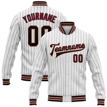 Laden Sie das Bild in den Galerie-Viewer, Custom White Black Pinstripe Crimson-City Cream Bomber Full-Snap Varsity Letterman Jacket

