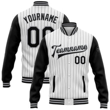 Laden Sie das Bild in den Galerie-Viewer, Custom White Black Pinstripe Gray Bomber Full-Snap Varsity Letterman Two Tone Jacket
