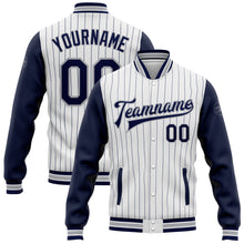Load image into Gallery viewer, Custom White Navy Pinstripe Gray Bomber Full-Snap Varsity Letterman Two Tone Jacket

