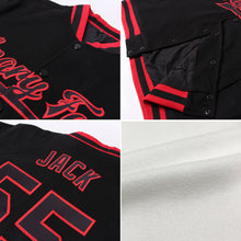 Load image into Gallery viewer, Custom White Red Pinstripe Old Gold-Black Bomber Full-Snap Varsity Letterman Jacket
