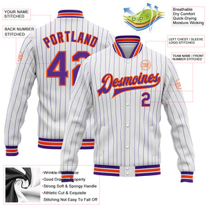 Custom White Purple Pinstripe Orange Bomber Full-Snap Varsity Letterman Jacket