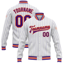 Load image into Gallery viewer, Custom White Purple Pinstripe Orange Bomber Full-Snap Varsity Letterman Jacket
