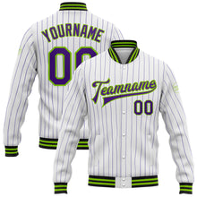 Load image into Gallery viewer, Custom White Purple Pinstripe Neon Green-Black Bomber Full-Snap Varsity Letterman Jacket
