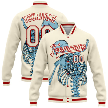 Custom Cream Red Skull Fashion 3D Bomber Full-Snap Varsity Letterman Jacket