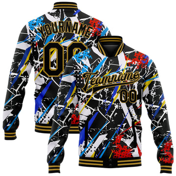 Custom Graffiti Pattern Black-Old Gold Grunge Art 3D Bomber Full-Snap Varsity Letterman Jacket