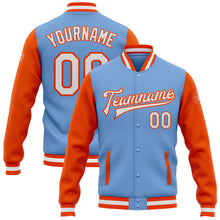 Laden Sie das Bild in den Galerie-Viewer, Custom Light Blue White-Orange Bomber Full-Snap Varsity Letterman Two Tone Jacket
