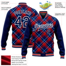 Load image into Gallery viewer, Custom Navy Red-Light Blue Check Board 3D Pattern Design Bomber Full-Snap Varsity Letterman Jacket
