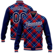 Load image into Gallery viewer, Custom Navy Red-Light Blue Check Board 3D Pattern Design Bomber Full-Snap Varsity Letterman Jacket
