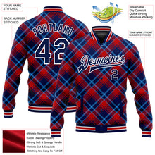 Load image into Gallery viewer, Custom Navy Red-Light Blue Check Board 3D Pattern Design Bomber Full-Snap Varsity Letterman Jacket
