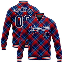 Load image into Gallery viewer, Custom Navy Red-Light Blue Check Board 3D Pattern Design Bomber Full-Snap Varsity Letterman Jacket
