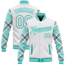 Загрузить изображение в средство просмотра галереи, Custom White Ice Blue Aqua-Navy Check Board 3D Pattern Design Bomber Full-Snap Varsity Letterman Jacket
