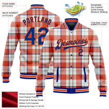 Загрузить изображение в средство просмотра галереи, Custom Orange Royal-White Check Board 3D Pattern Design Bomber Full-Snap Varsity Letterman Jacket
