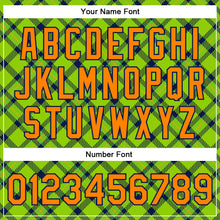 Загрузить изображение в средство просмотра галереи, Custom Neon Green Bay Orange-Navy Check Board 3D Pattern Design Bomber Full-Snap Varsity Letterman Jacket
