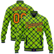 Загрузить изображение в средство просмотра галереи, Custom Neon Green Bay Orange-Navy Check Board 3D Pattern Design Bomber Full-Snap Varsity Letterman Jacket
