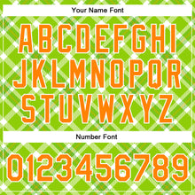 Загрузить изображение в средство просмотра галереи, Custom Neon Green Bay Orange-White Check Board 3D Pattern Design Bomber Full-Snap Varsity Letterman Jacket
