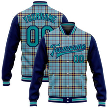 Загрузить изображение в средство просмотра галереи, Custom Shadow Blue Teal Navy-Gray Classic Western Plaid 3D Pattern Design Bomber Full-Snap Varsity Letterman Jacket
