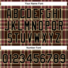 Laden Sie das Bild in den Galerie-Viewer, Custom Brown Black Vegas Gold City Cream-Crimson Classic Western Plaid 3D Pattern Design Bomber Full-Snap Varsity Letterman Jacket
