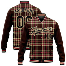 Laden Sie das Bild in den Galerie-Viewer, Custom Brown Black Vegas Gold City Cream-Crimson Classic Western Plaid 3D Pattern Design Bomber Full-Snap Varsity Letterman Jacket
