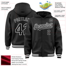 Load image into Gallery viewer, Custom Black White Bomber Full-Snap Varsity Letterman Hoodie Jacket
